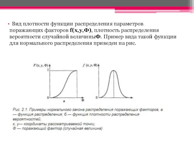 Вид плотности функции распределения параметров поражающих факторов f(х,у,Ф), плотность распределения