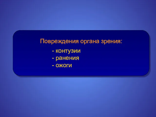 Повреждения органа зрения: - контузии - ранения - ожоги