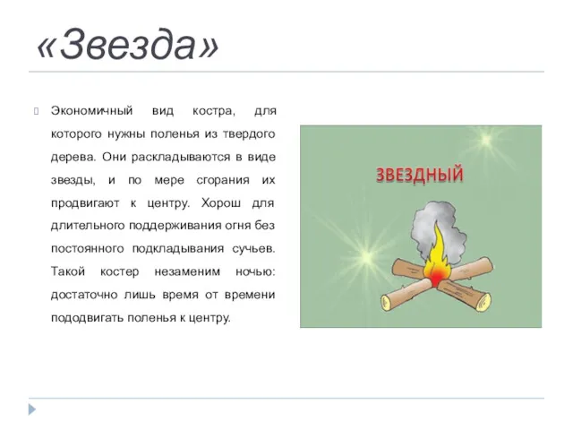 «Звезда» Экономичный вид костра, для которого нужны поленья из твердого