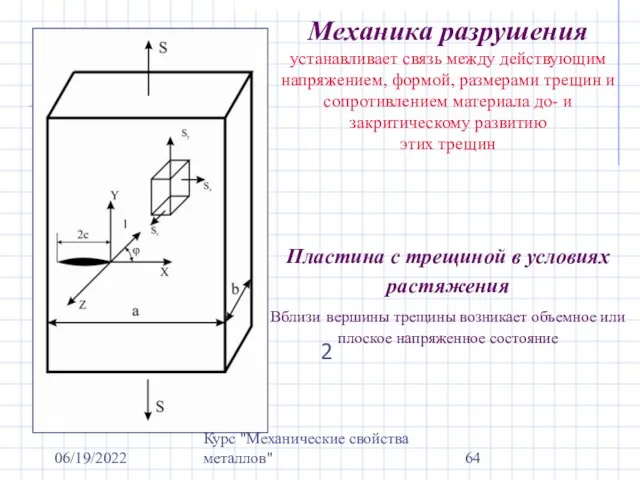 06/19/2022 Курс "Механические свойства металлов" Механика разрушения устанавливает связь между