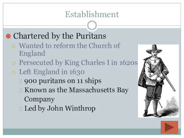 Establishment Chartered by the Puritans Wanted to reform the Church of England Persecuted