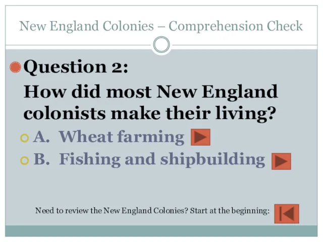 New England Colonies – Comprehension Check Question 2: How did most New England