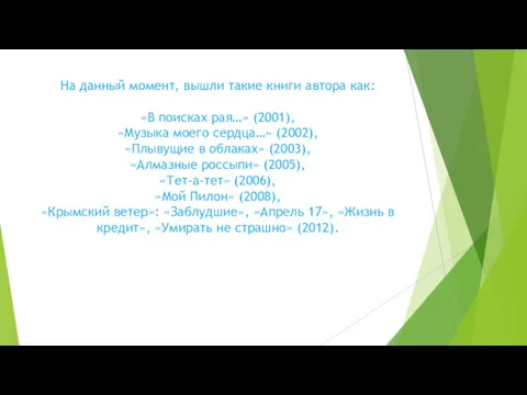 На данный момент, вышли такие книги автора как: «В поисках