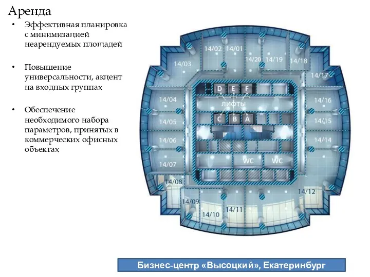 Бизнес-центр «Высоцкий», Екатеринбург Аренда Эффективная планировка с минимизацией неарендуемых площадей