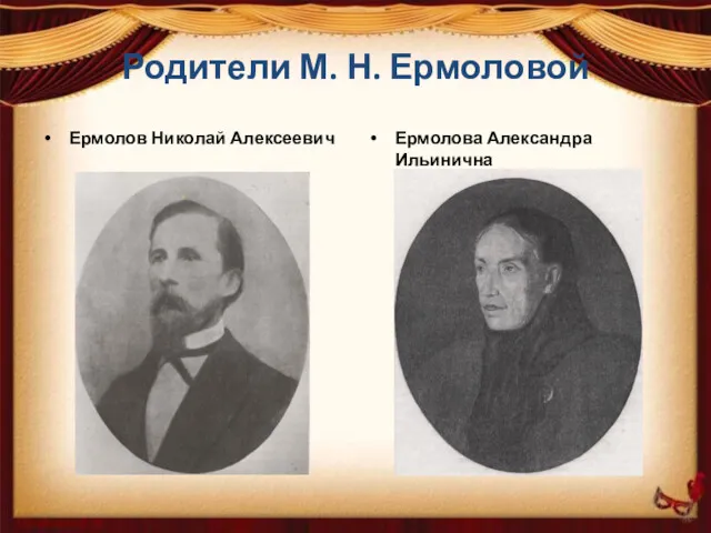 Родители М. Н. Ермоловой Ермолов Николай Алексеевич Ермолова Александра Ильинична