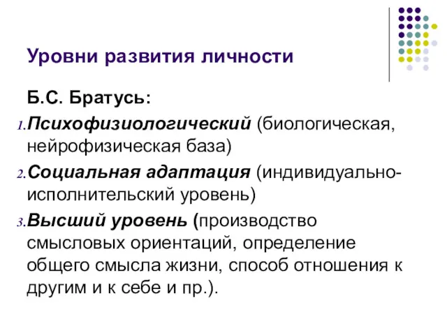 Уровни развития личности Б.С. Братусь: Психофизиологический (биологическая, нейрофизическая база) Социальная