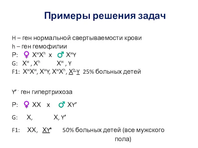 Примеры решения задач H – ген нормальной свертываемости крови h – ген гемофилии