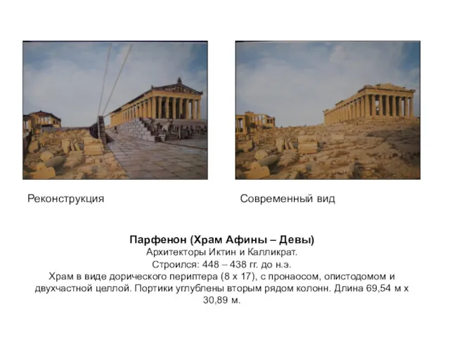 Парфенон (Храм Афины – Девы) Архитекторы Иктин и Калликрат. Строился: