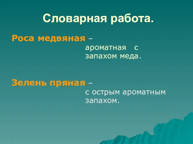 Словарная работа. Роса медвяная – ароматная с запахом меда. Зелень пряная – с острым ароматным запахом.