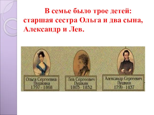 В семье было трое детей: старшая сестра Ольга и два сына, Александр и Лев.