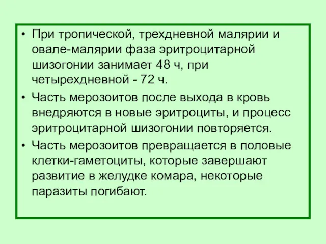 При тропической, трехдневной малярии и овале-малярии фаза эритроцитарной шизогонии занимает