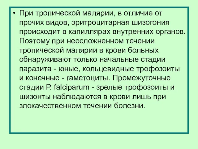 При тропической малярии, в отличие от прочих видов, эритроцитарная шизогония