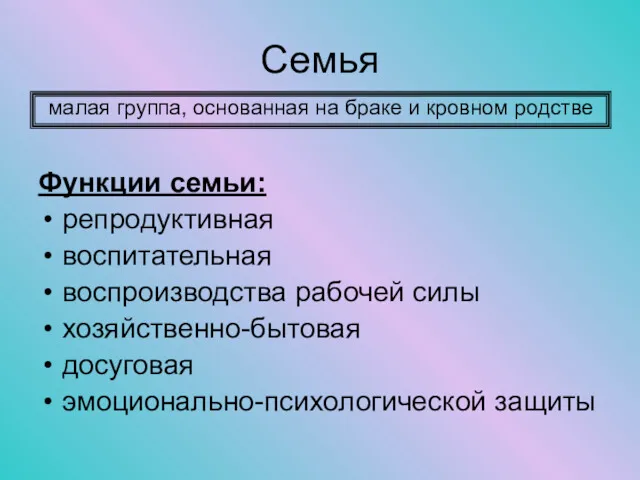 Семья Функции семьи: репродуктивная воспитательная воспроизводства рабочей силы хозяйственно-бытовая досуговая эмоционально-психологической защиты малая