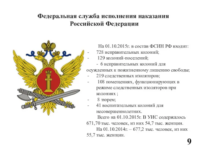 9 Федеральная служба исполнения наказания Российской Федерации На 01.10.2015г. в