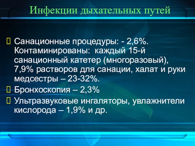 Инфекции дыхательных путей Санационные процедуры: - 2,6%. Контаминированы: каждый 15-й