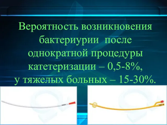 Вероятность возникновения бактериурии после однократной процедуры катетеризации – 0,5-8%, у тяжелых больных – 15-30%.