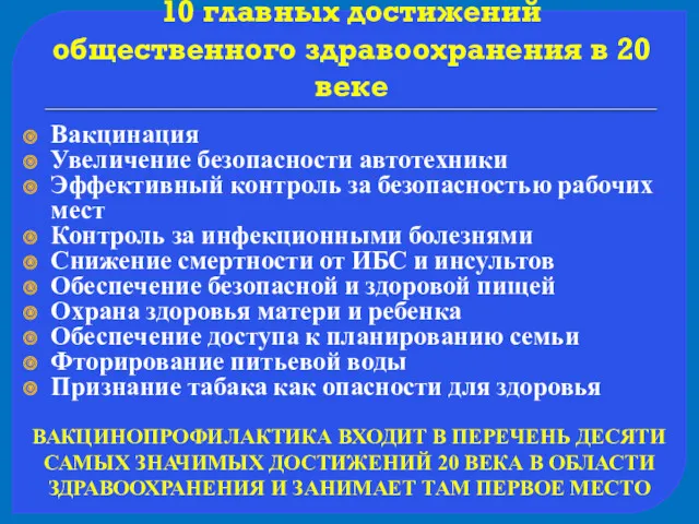 ВАКЦИНОПРОФИЛАКТИКА ВХОДИТ В ПЕРЕЧЕНЬ ДЕСЯТИ САМЫХ ЗНАЧИМЫХ ДОСТИЖЕНИЙ 20 ВЕКА