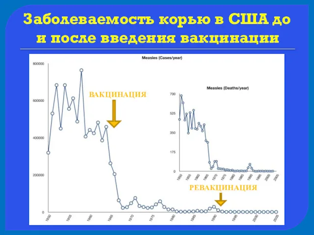 Заболеваемость корью в США до и после введения вакцинации ВАКЦИНАЦИЯ РЕВАКЦИНАЦИЯ