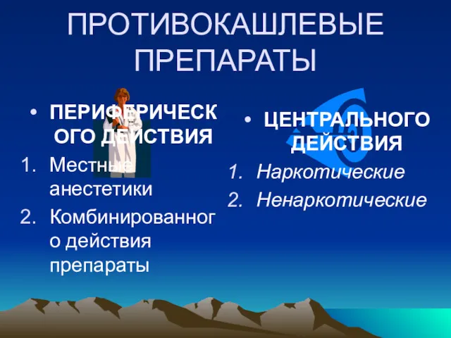 ПРОТИВОКАШЛЕВЫЕ ПРЕПАРАТЫ ПЕРИФЕРИЧЕСКОГО ДЕЙСТВИЯ Местные анестетики Комбинированного действия препараты ЦЕНТРАЛЬНОГО ДЕЙСТВИЯ Наркотические Ненаркотические