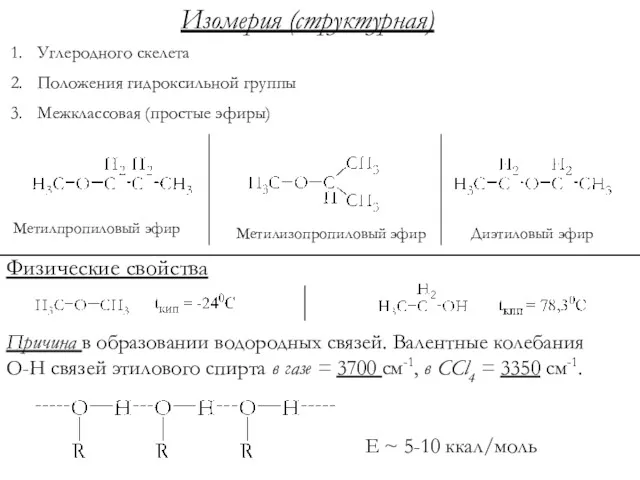 Изомерия (структурная) Углеродного скелета Положения гидроксильной группы Межклассовая (простые эфиры)