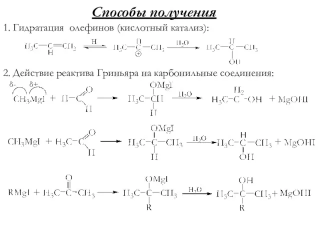 Способы получения 1. Гидратация олефинов (кислотный катализ): 2. Действие реактива Гриньяра на карбонильные соединения: δ+ δ-