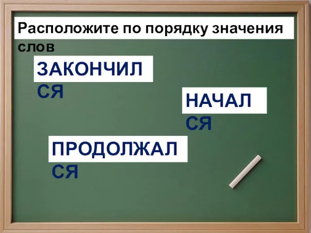 Расположите по порядку значения слов НАЧАЛСЯ ПРОДОЛЖАЛСЯ ЗАКОНЧИЛСЯ