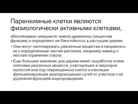 Паренхимные клетки являются физиологически активными клетками, обес­печивают иммунитет живой древесины (защитная функция) и