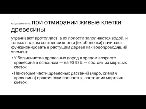 Как уже отмечалось, при отмирании живые клетки древесины утрачивают протопласт, а их полости