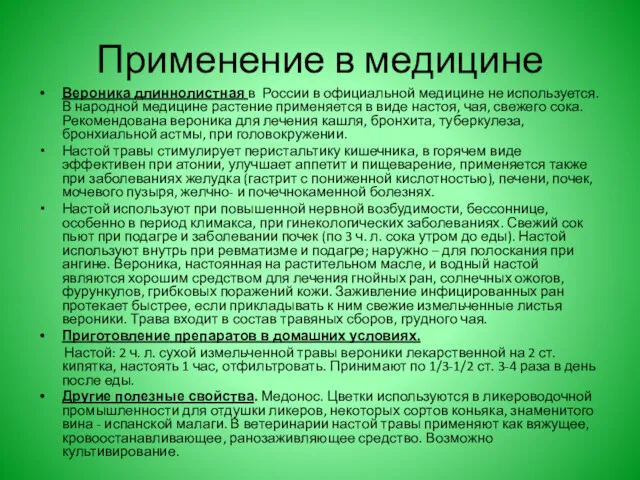 Применение в медицине Вероника длиннолистная в России в официальной медицине не используется. В