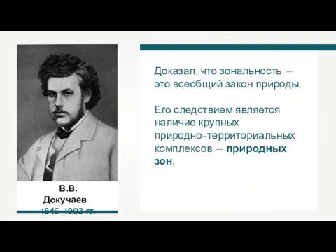 В.В. Докучаев 1846–1903 гг. Доказал, что зональность — это всеобщий