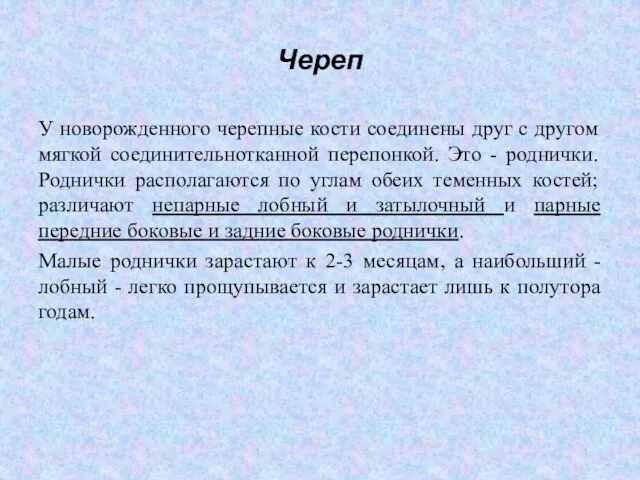 Череп У новорожденного черепные кости соединены друг с другом мягкой