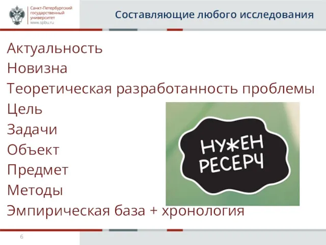 Составляющие любого исследования Актуальность Новизна Теоретическая разработанность проблемы Цель Задачи