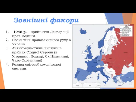 Зовнішні факори 1948 р. – прийняття Декларації прав людини. Посилення