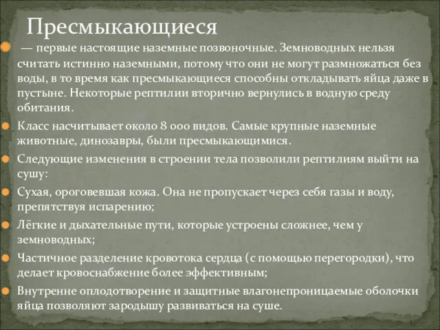 — первые настоящие наземные позвоночные. Земноводных нельзя считать истинно наземными,