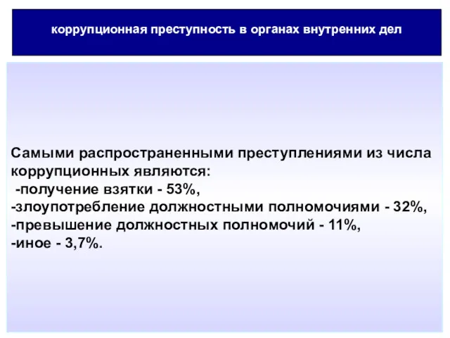 коррупционная преступность в органах внутренних дел Самыми распространенными преступлениями из