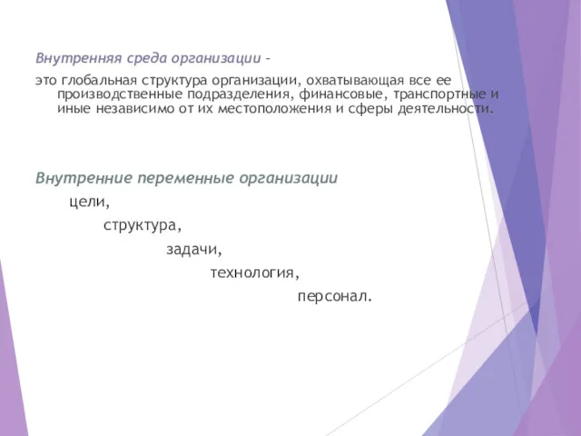 Внутренняя среда организации – это глобальная структура организации, охватывающая все