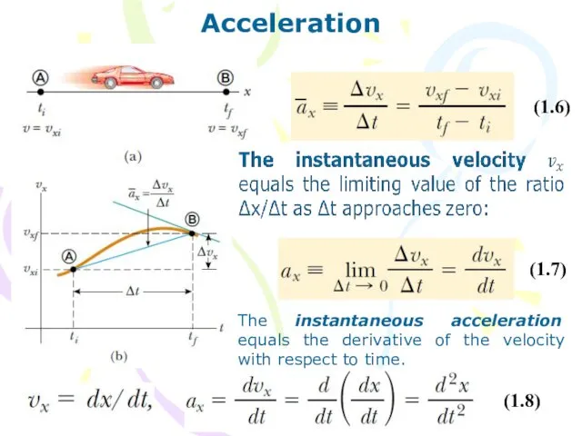 Acceleration (1.6) (1.7) The instantaneous acceleration equals the derivative of