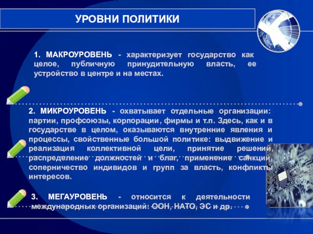 1. МАКРОУРОВЕНЬ - характеризует государство как целое, публичную принудительную власть,