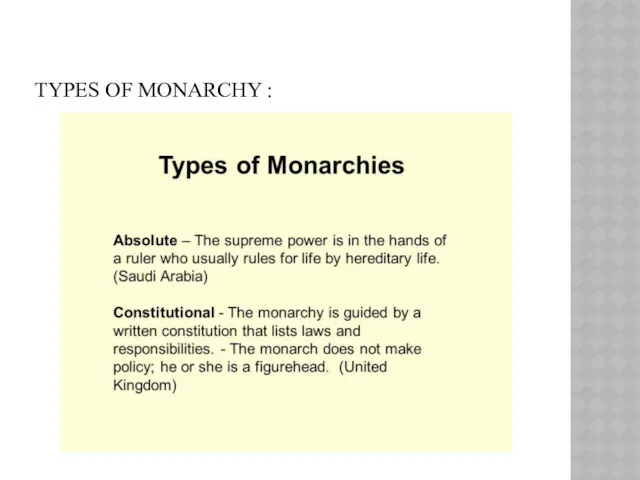 TYPES OF MONARCHY :