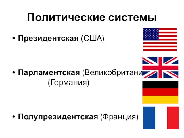 Политические системы Президентская (США) Парламентская (Великобритания) (Германия) Полупрезидентская (Франция)