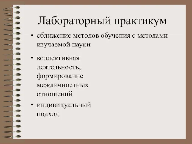 Лабораторный практикум коллективная деятельность, формирование межличностных отношений индивидуальный подход сближение методов обучения с методами изучаемой науки