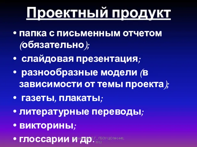 Проектный продукт папка с письменным отчетом (обязательно); слайдовая презентация; разнообразные