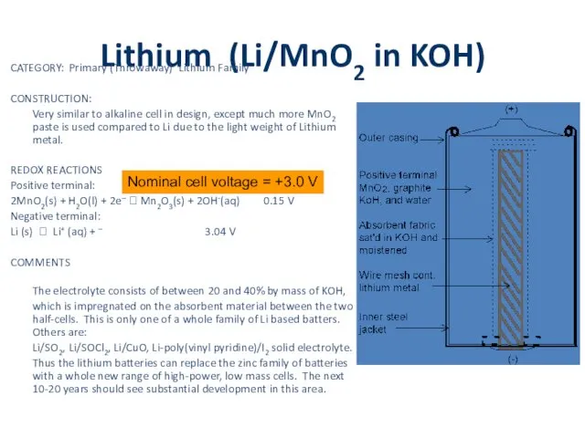 Lithium (Li/MnO2 in KOH) CATEGORY: Primary (Throwaway) Lithium Family CONSTRUCTION: