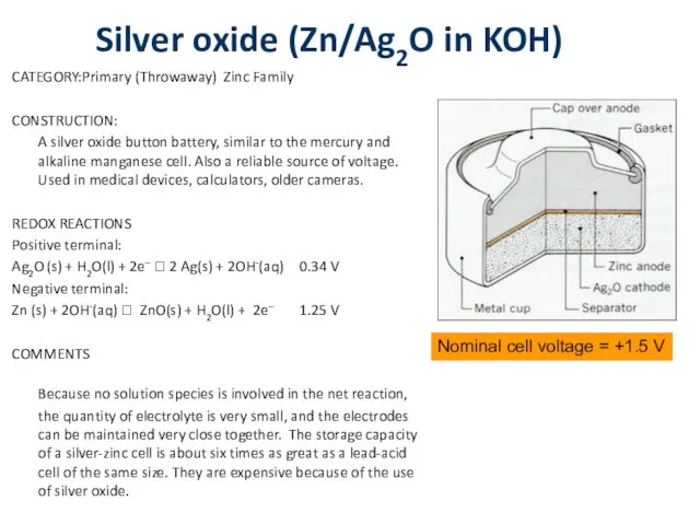 Silver oxide (Zn/Ag2O in KOH) CATEGORY: Primary (Throwaway) Zinc Family