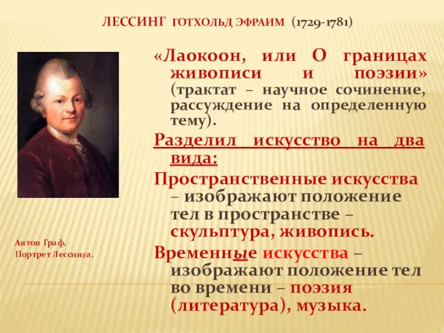 ЛЕССИНГ ГОТХОЛЬД ЭФРАИМ (1729-1781) Антон Граф. Портрет Лессинга. «Лаокоон, или