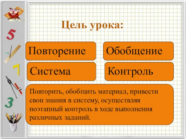 Цель урока: Повторение Система Обобщение Контроль Повторить, обобщить материал, привести