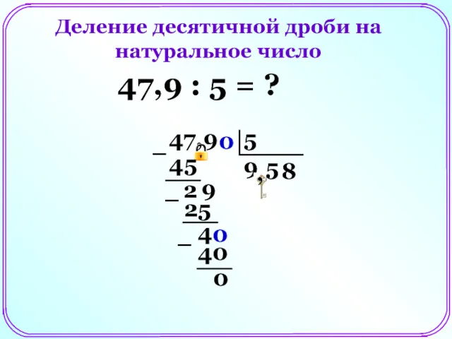 Деление десятичной дроби на натуральное число 47,9 : 5 =