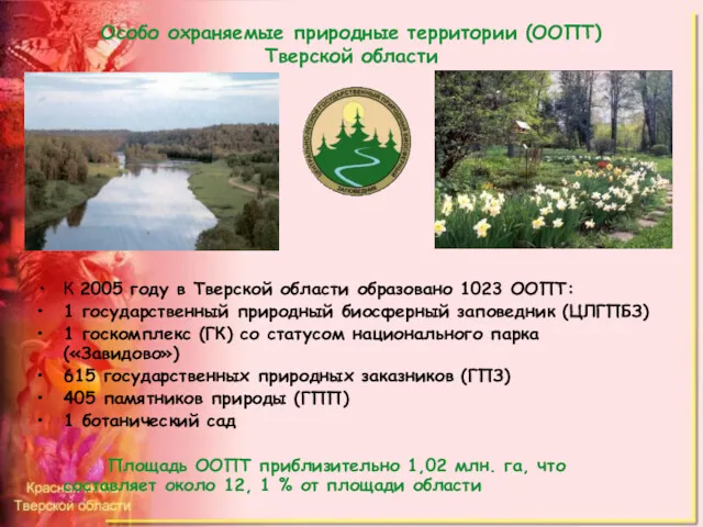 Особо охраняемые природные территории (ООПТ) Тверской области К 2005 году