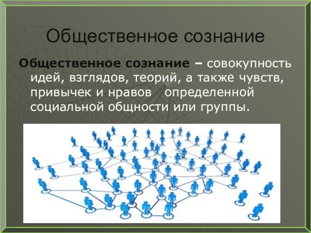 Общественное сознание Общественное сознание – совокупность идей, взглядов, теорий, а