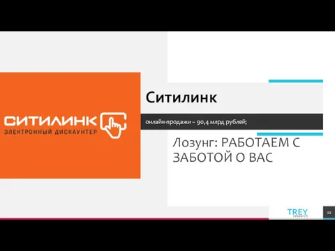 Лозунг: РАБОТАЕМ С ЗАБОТОЙ О ВАС Ситилинк онлайн-продажи – 90,4 млрд рублей;